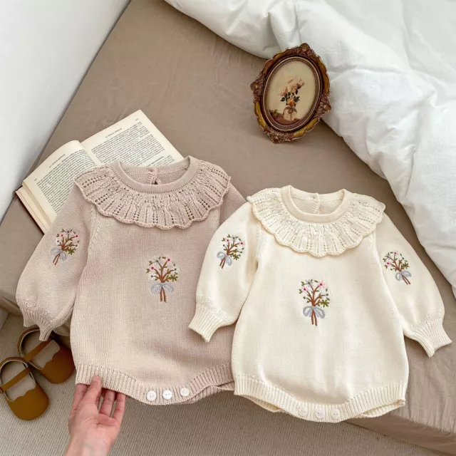 Newborn Infant Baby Girl Ruffle Embroidery Flower Pattern Knit Sweater Romper