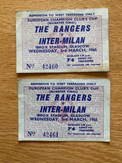 2 European Cup Quarter Final Tickets Rangers V Inter-Milan March 1965