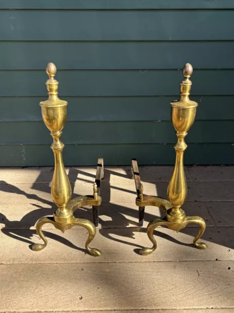 Pair of Antique Fireplace ANDIRONS Brass Firedogs 20” Tall