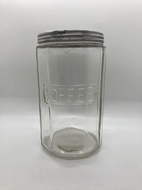 Antique Hoosier Cabinet Clear Glass 12 Panel Embossed Coffee Jar With Zinc Lid