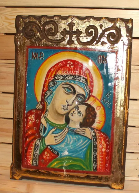 Vintage religious hand painted icon Jesus Christ child Virgin Mary