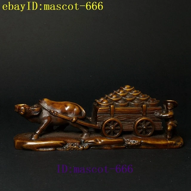 Chinese boxwood hand carved Pull the cart ingot cow ox old man statue L 11 CM