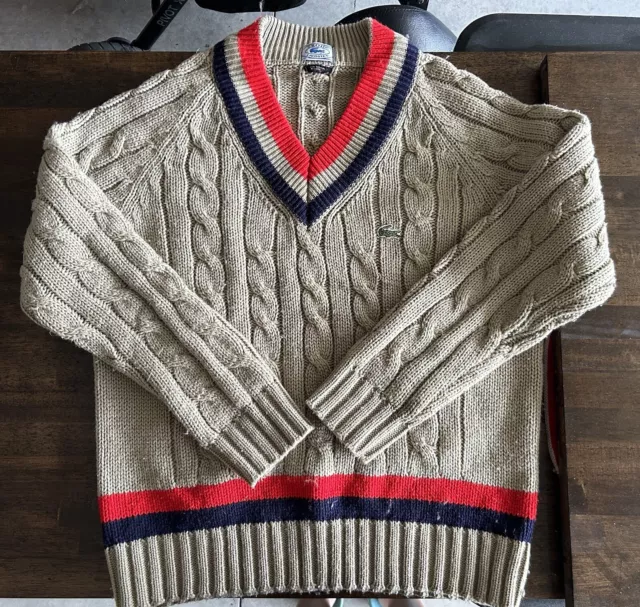 Vintage IZOD Lacoste V-Neck Sweater Chunky Cable Knit Tennis Cricket Sz L Preppy