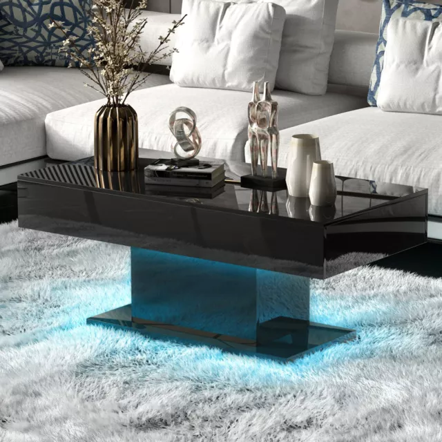 LED Light Coffee Table High Gloss Modern Center Cocktail Table Black Living Room