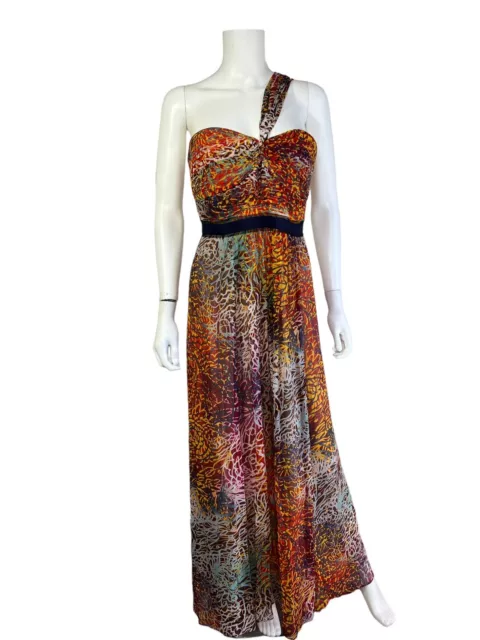 BCBG Max Azria Dress Maxi  Inga One Shoulder Silk Abstract Chiffon Metallic Sz 8