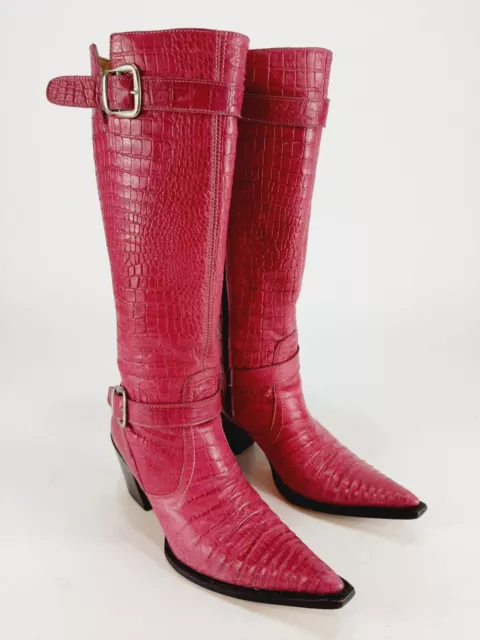 Mezcalero Pink Crocodile Knee High Fashion Boots Heels Snip Toe Womens 6.5