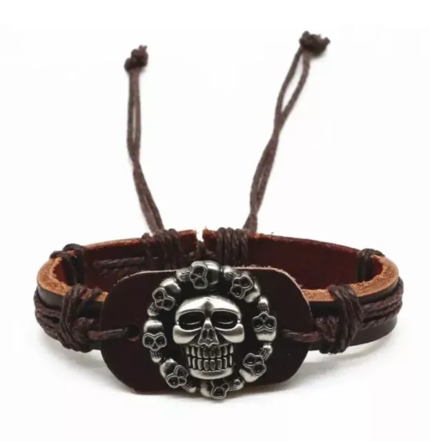 Brown Adjustable Leather Multi Skulls Rope Bracelet Wrist Band Arm Band.7.5 Inch