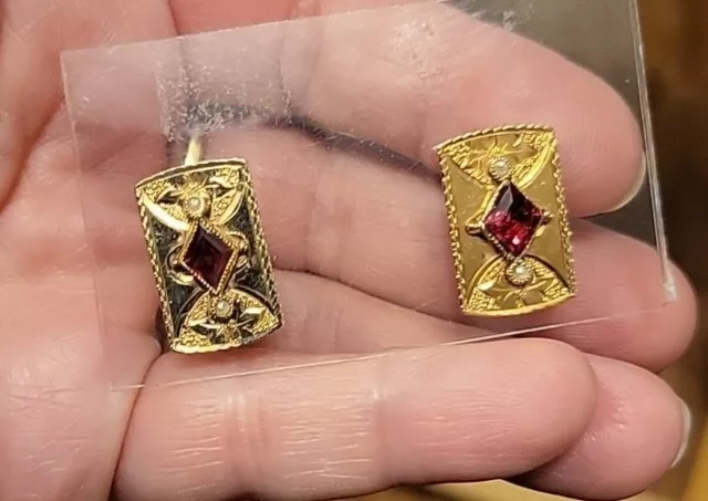 Victorian Edwardian GF Garnet Pearl Fixed Back Cufflinks Gold Filled Antique