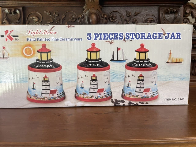 Light House Hand Painted Fine Ceramicware 3 Piece Storage Jar