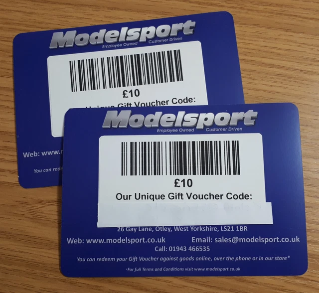 2 x £10 Modelsport Gift Vouchers. Genuine, unwanted gift so never used
