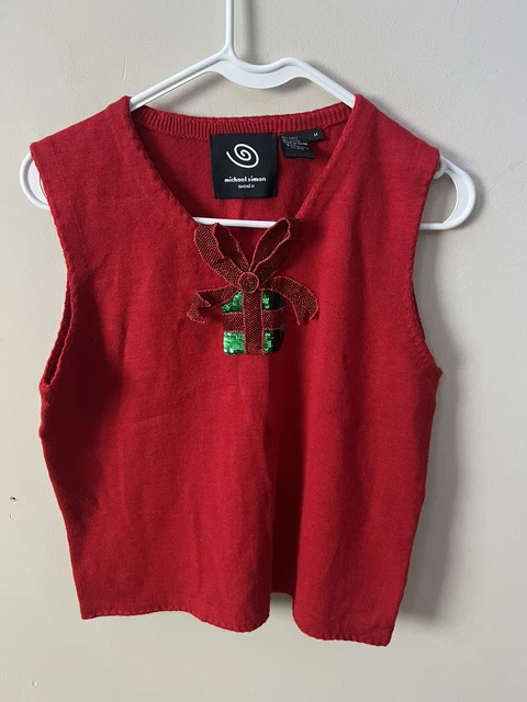Michael Simon Event Red Christmas Sequins Bow sweater Medium M