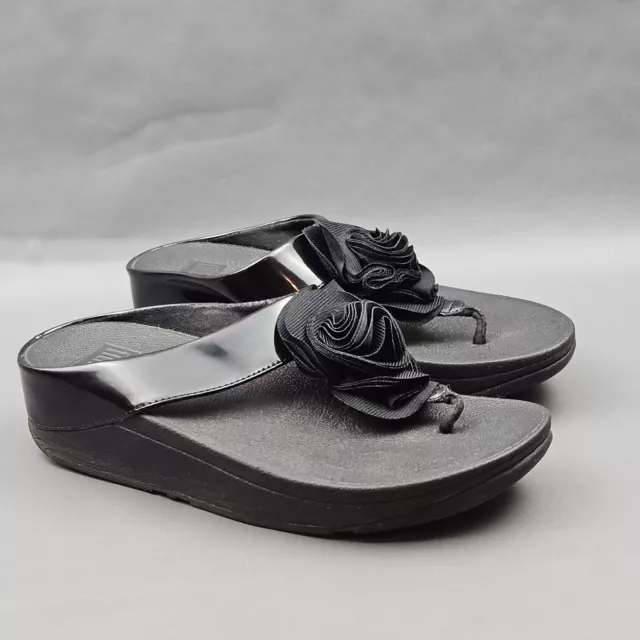 FitFlop Florrie Womens Sandals 6 Black Patent Leather Flower Slip On Flip Flops
