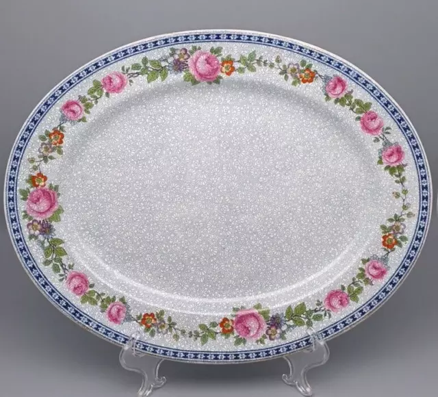 Furnivals Ltd 1522B Pink Roses Flowers Blue Chintz Background 14 x 11 Inch Oval