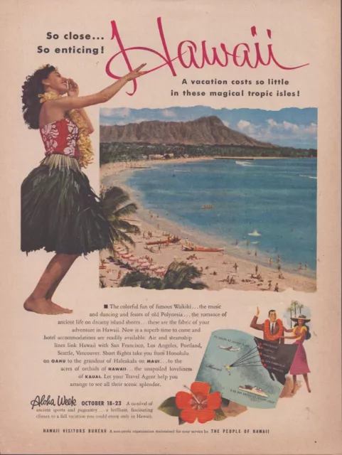 Hawaii - Visit Hawaii - 1954 - Hula Dancer - Vintage Print Ad