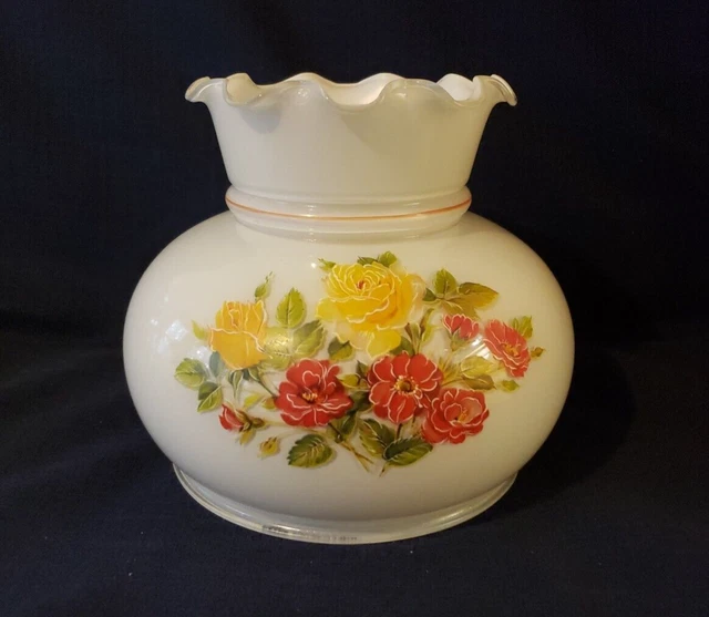 Vintage Floral/Roses Milk Glass GWTW Hurricane Oil Lamp Shade 6.75" Fitter