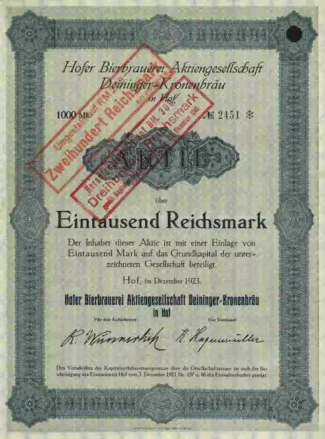 Hofer Deininger Kronenbräu 1923 Hof Reichelbräu Kulmbach 1000 Mark Oberfranken