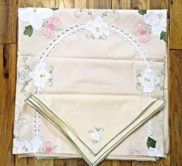 Vtg Tablecloth Napkins Set Cutwork Lace Inset Applique Embroidery Floral 50x68