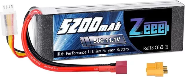 Zeee 5200mAh 50C 11.1V 3S RC Lipo Battery with Deans and XT60 Connector Soft ...