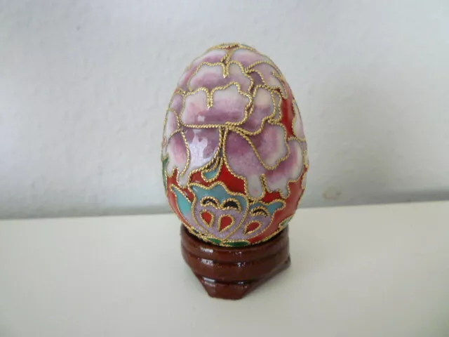 Cloisonne Egg With Wood Stand Enamel Gold Accents