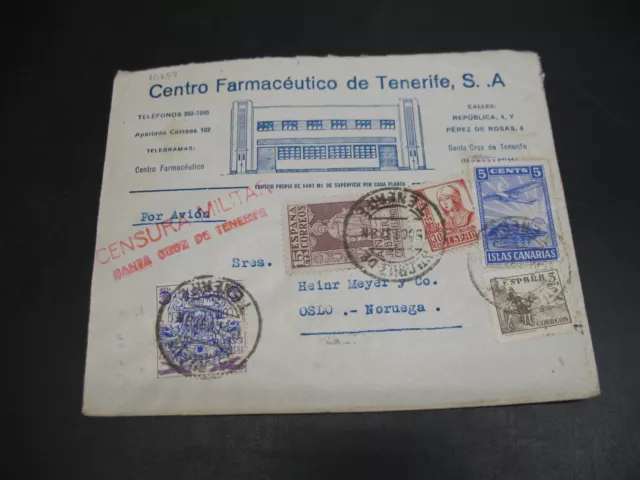 Spain 1937 censored airmail cover to norway *10657