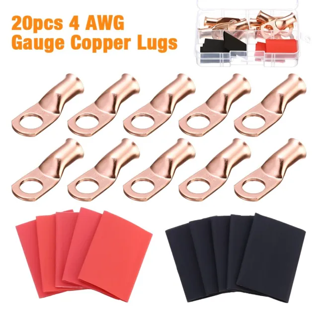 21PCS 1 AWG Gauge Copper Lugs w/ BLACK & RED Heat Shrink End Ring Terminals Wire
