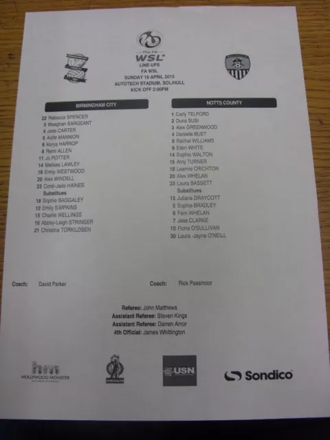 19/04/2015 Teamsheet: Birmingham City Ladies v Notts County Ladies  (Light Creas