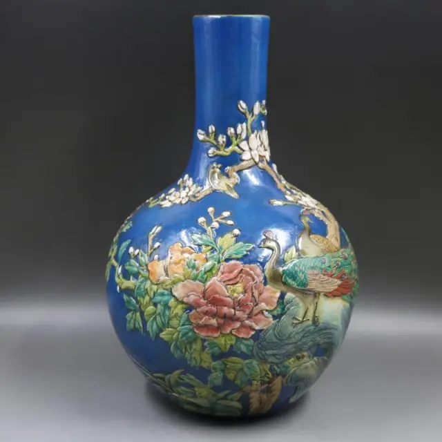 China Porcelain Qing Qianlong Famille Rose Flowers and Birds Tianqiu Vase 15.47"