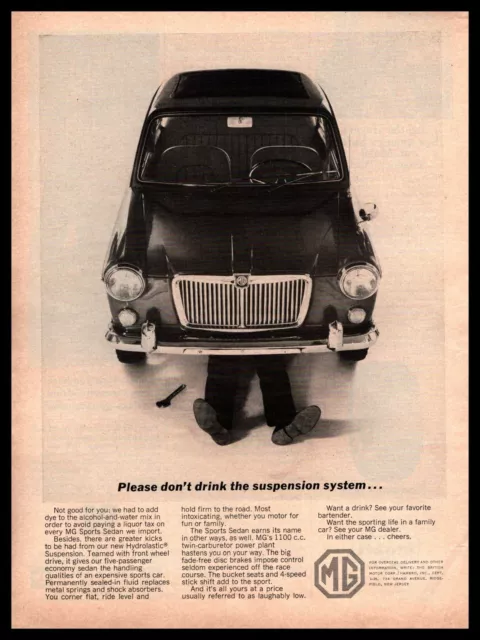 1965 MG Sports Sedan 1100cc "Please Don't Drink The Suspsension System" Print Ad