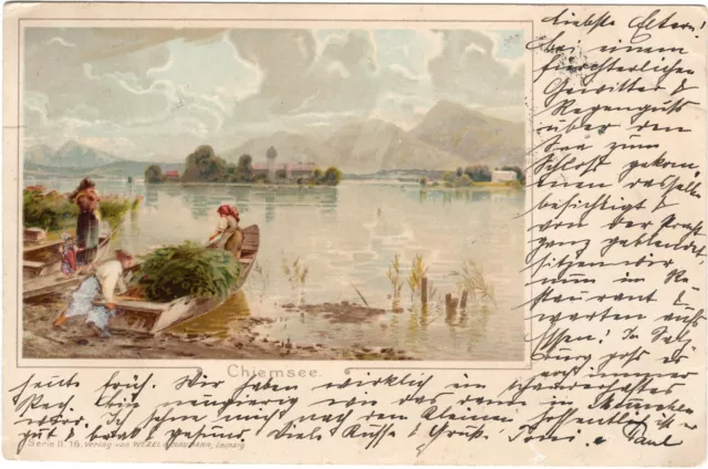 Ak Chiemsee Postal de Artista Con Barco de Vapor Luitpold Sst Prien 1901