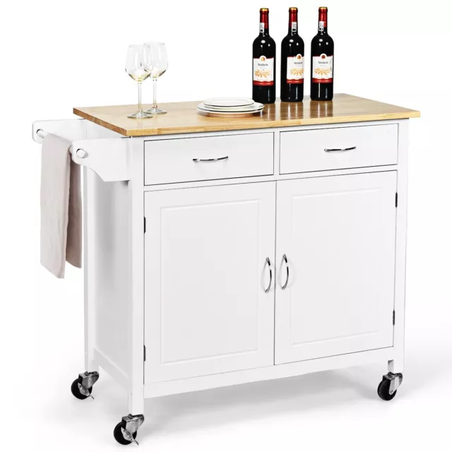 Kitchen Island Rolling Storage Trolley Cart Cupboard 2 Doors Cabinet W/2 Drawers