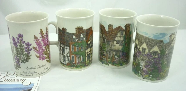 Dunoon Coffee Mugs Cups Lot of 4 Sue Scullard Cats and Scottish Heather 23D099