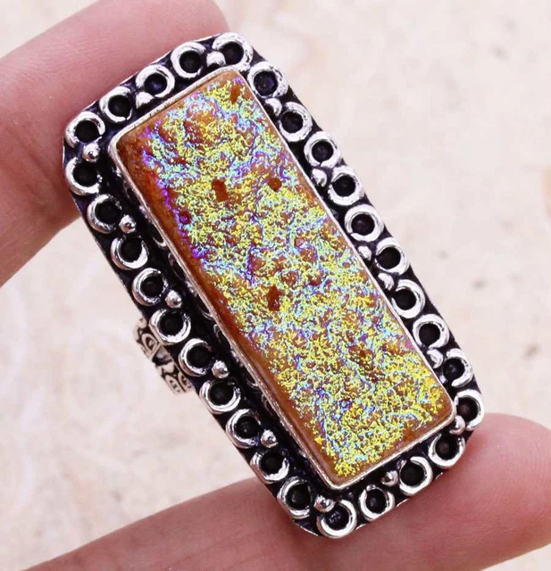 Color Enhanced Titanium Druzy 925 Silver Plated Handmade Ring of US Size 7