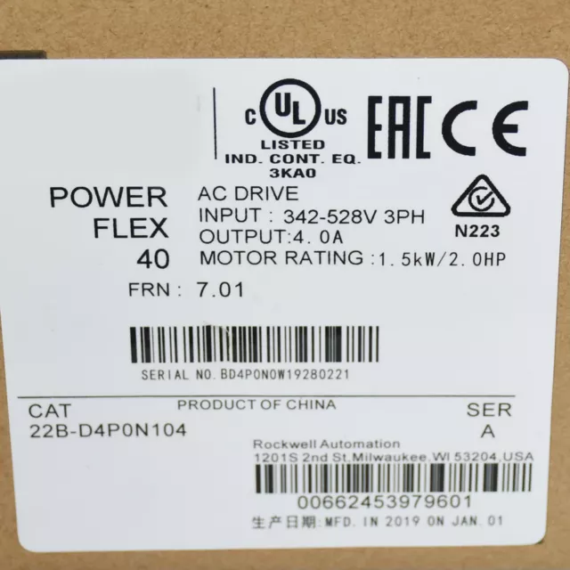 Allen-Bradley 22B-D4P0N104 / AB 22B-D4PON104 PowerFlex 40 AC Drive 2hp 480VAC