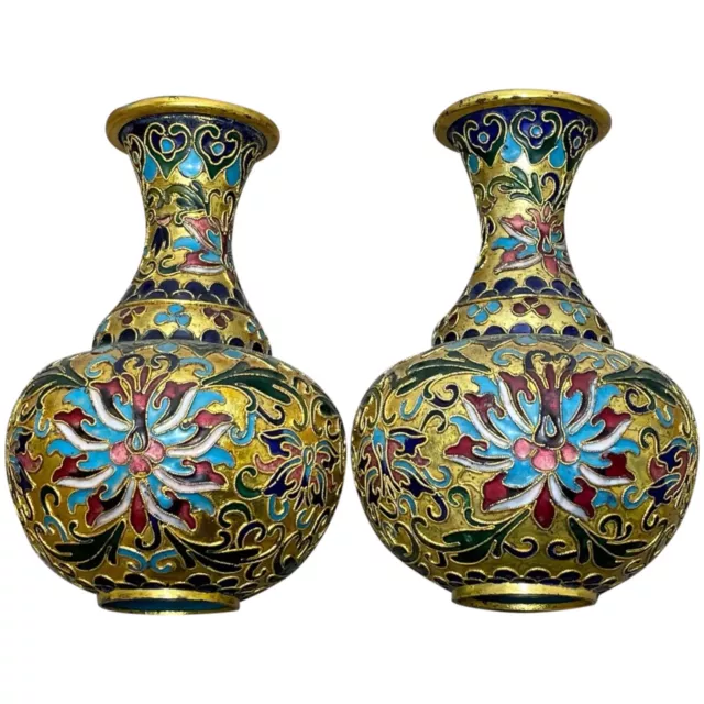 Paar Sammlerstück Klein Vergoldetes Antik Chinesisch Champlevé Cloisonné