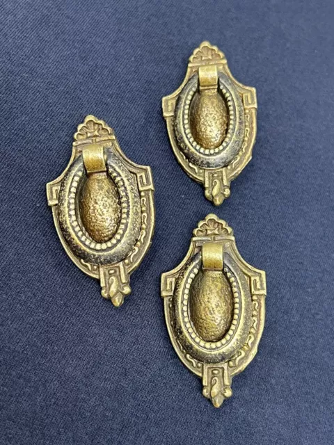 Antique Victorian Cast Brass Drop Ring Drawer Pulls Single Hole Set Of (3)