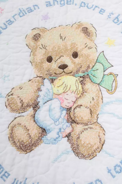 Vintage Child Crib Quilt Finished Cross Stitch  31 x 40 Bear Guardian Angle