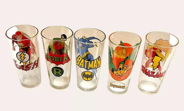 Lot Of 5 Vintage Glasses DC Comics 1966 Batman 78 Robin 71 Flash 78 Shazam Pepsi