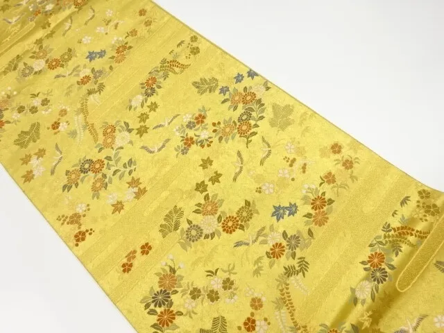 6183150: Japanese Kimono / Vintage Fukuro Obi / Gold Foil / Woven Flower & Bird