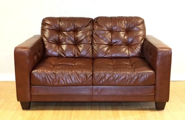 Aged Knoll Style Brown Leather Two Seater Sofa Chesterfield Style Buttoning