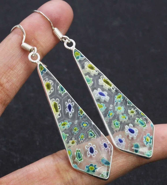 Dichroic Glass 925 Silver Plated Handmade Earrings of 2.5" Ethnic Gift
