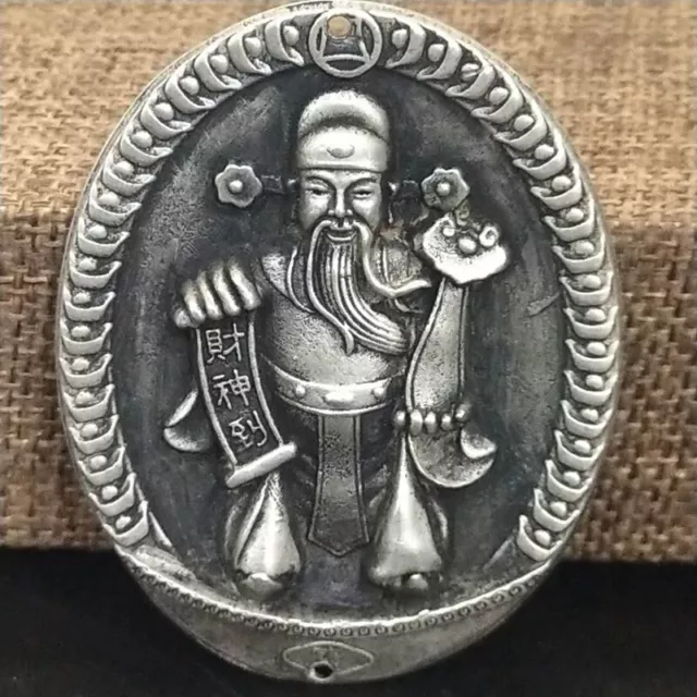 Old Chinese tibet silver handcarved God of Wealth Buddha lucky Pendant