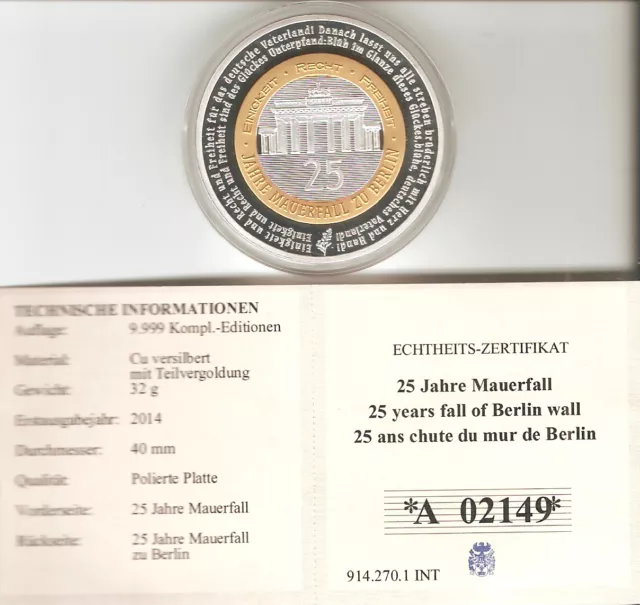 25 Jahre Mauerfall,Medaille, Polierte Platte Aufl.:9.999