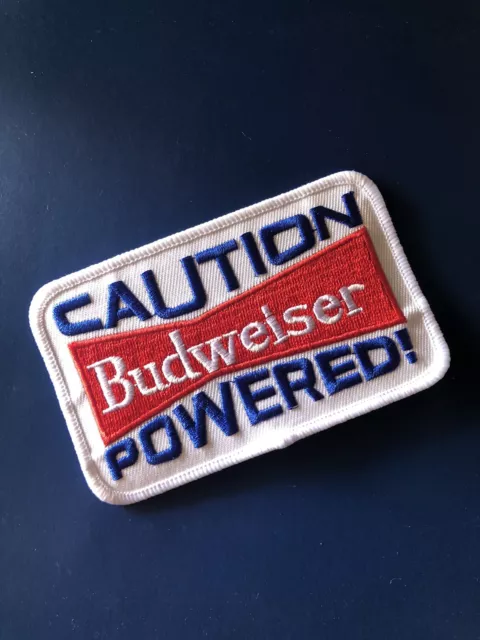 Caution Budweiser Powered  Anheuser Busch Beer Iron OnPatch 4”x2.5”