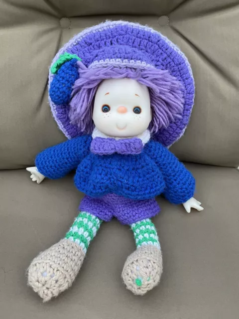 VTG 80’s-Ice Cream Face Baby Doll Hand Crochet Dress Blue Yarn Hair Plush Body