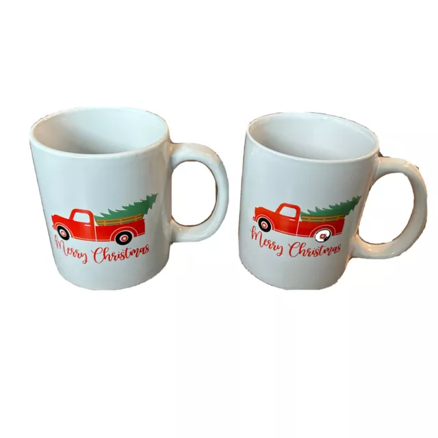 Merry Christmas Truck And Tree Design Porcelain Coffee Mugs Set Of 2 New