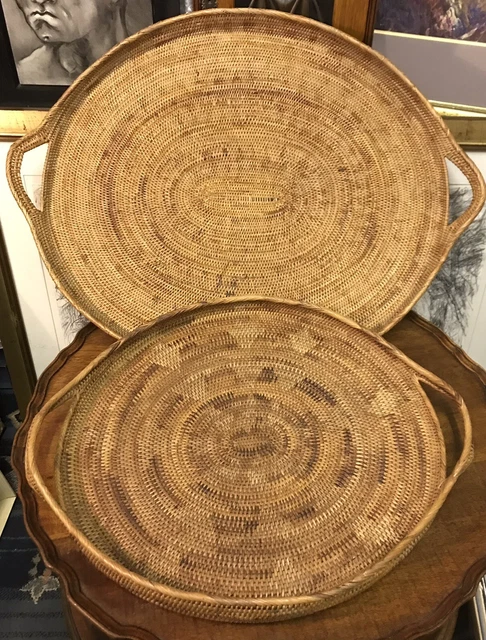 "Coppia Vintage Isola del Pacifico Isole Salomone Vassoi Tessitura a Mano Polinesiana 26"" 24""