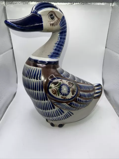 Mexican Tonala Pottery Duck Folk Art Blue Brown Hand Painted Signed Vintage 10"