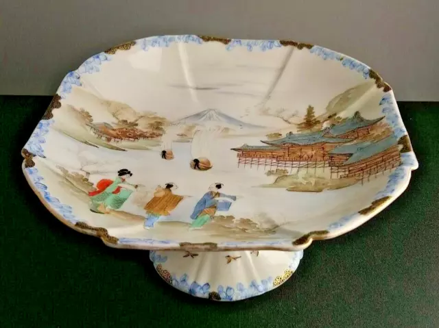 Japanese Antique Signed Porcelain Meiji Mt Fuji Figures Cake Stand 22cm wide