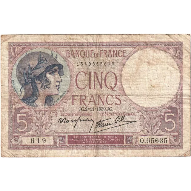 [#635426] France, 5 Francs, Violet, 1939, Q.656335, VF(20-25), KM:83