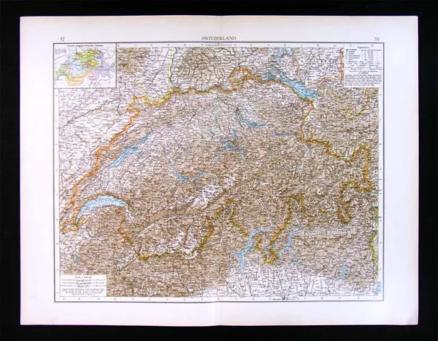 1900 Times Map Switzerland Geneva Zurich Lucern Lake Constance Swiss Alps Italy